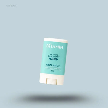 Bitamin Seasalt Teens Natural Deodorant 15g bottle on blue background — Luxe by Kan India