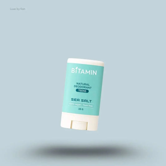 Bitamin Seasalt Teens Natural Deodorant 15g bottle on blue background — Luxe by Kan India