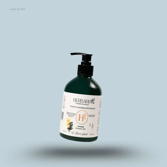 Herbaria Modern Botanicals Foresta Shower Gel 400ml bottle on blue background — Luxe by Kan India