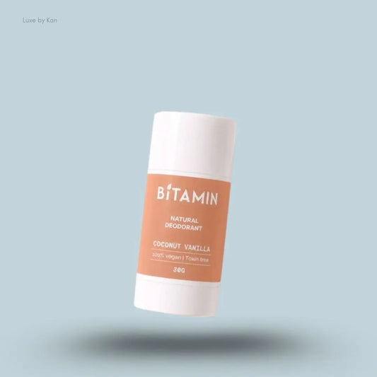Bitamin Coconut Vanilla Natural Deodorant 30g roll-on on blue background — Luxe by Kan India