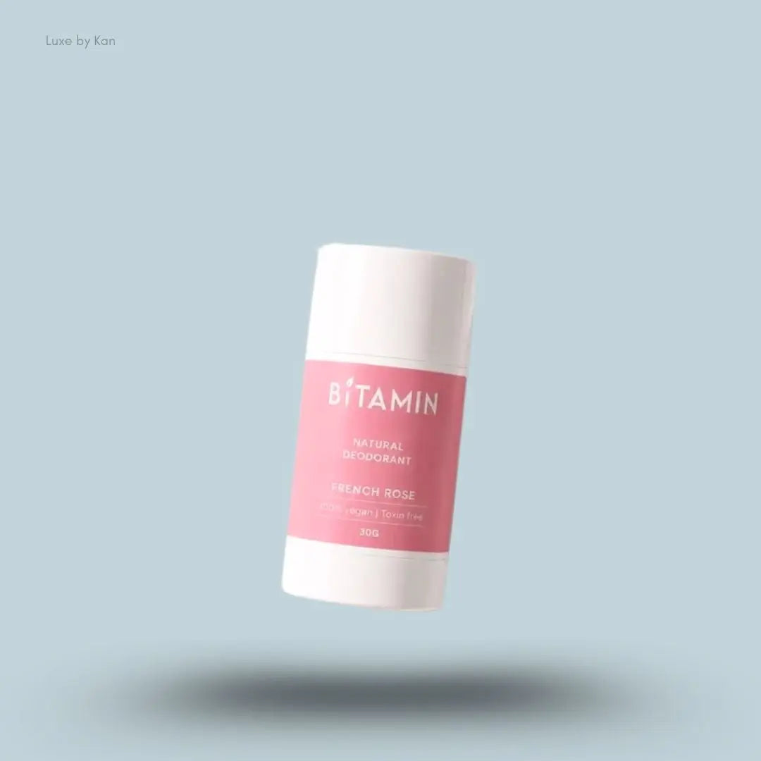 Bitamin French Rose Natural Deodorant 30g roll-on on blue background — Luxe by Kan India