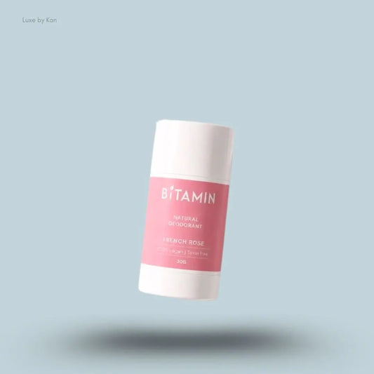 Bitamin French Rose Natural Deodorant 30g roll-on on blue background — Luxe by Kan India