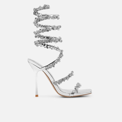 SIMMI SHOES COSMIC SILVER MIRROR DIAMANTE SPIRAL SANDALS