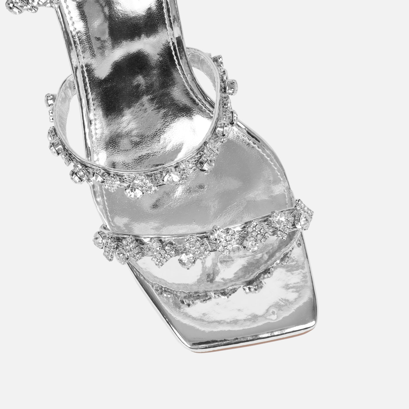 SIMMI SHOES COSMIC SILVER MIRROR DIAMANTE SPIRAL SANDALS