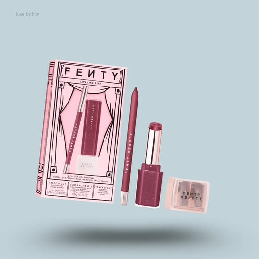 Fenty Beauty Lipz Like Riri 3-Piece Lip Set three products with packaging on blue background