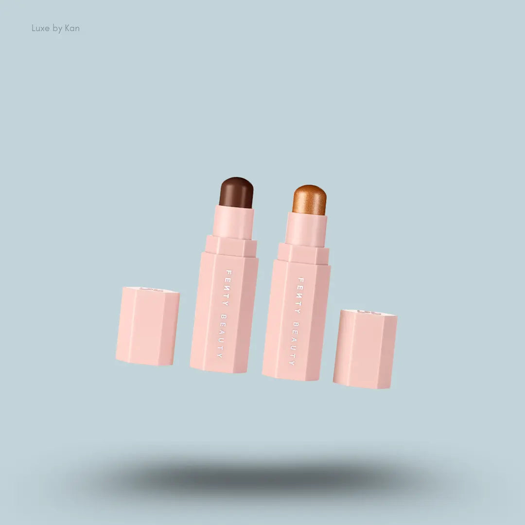 Fenty Beauty Mini Match Stix Duo Contour + Highlighter Set two sticks with packaging on blue background