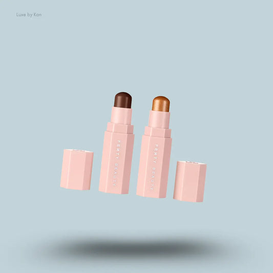 Fenty Beauty Mini Match Stix Duo Contour + Highlighter Set two sticks with packaging on blue background