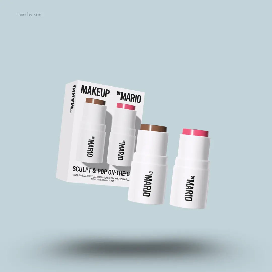 Makeup By Mario Sculpt & Pop On The Go Duo shaping stick and blush stick with packaging on blue background