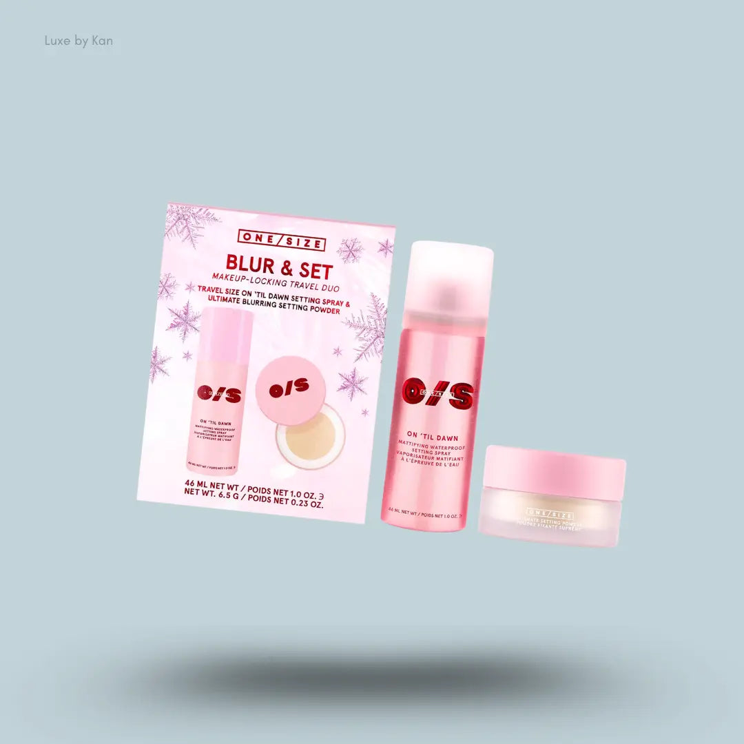ONE/SIZE On 'Til Dawn Setting Powder Holiday Kit setting spray and powder with pink Blur & Set pack on blue background