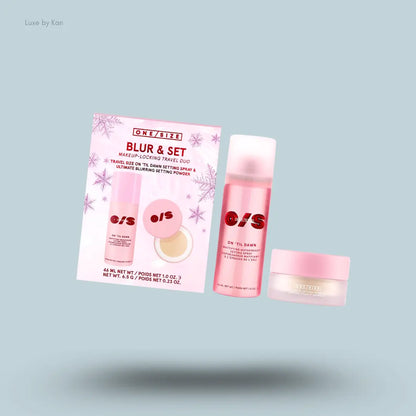 ONE/SIZE On 'Til Dawn Setting Powder Holiday Kit setting spray and powder with pink Blur & Set pack on blue background