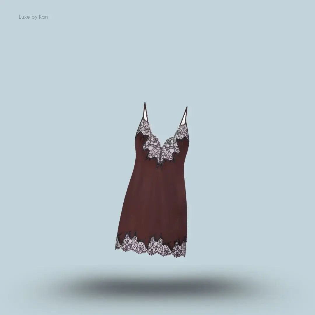SKIMS Silk Lace Mini Slip Dress in Limited Edition Espresso Contrast, flat lay on light blue background