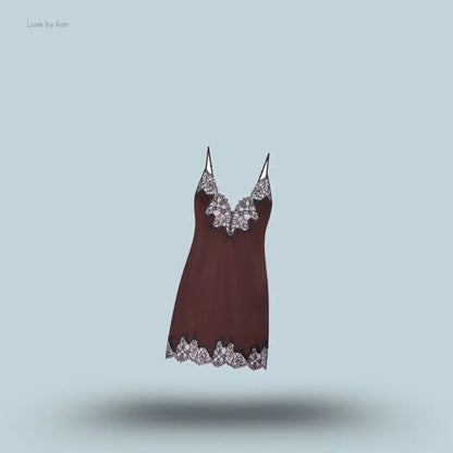 SKIMS Silk Lace Mini Slip Dress in Limited Edition Espresso Contrast, flat lay on light blue background