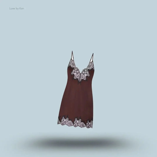 SKIMS Silk Lace Mini Slip Dress in Limited Edition Espresso Contrast, flat lay on light blue background