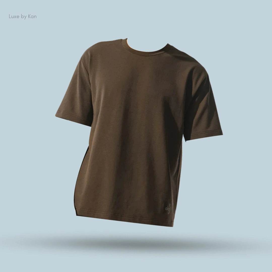Alo Double Take Short Sleeve in Espresso, flat lay on light blue background