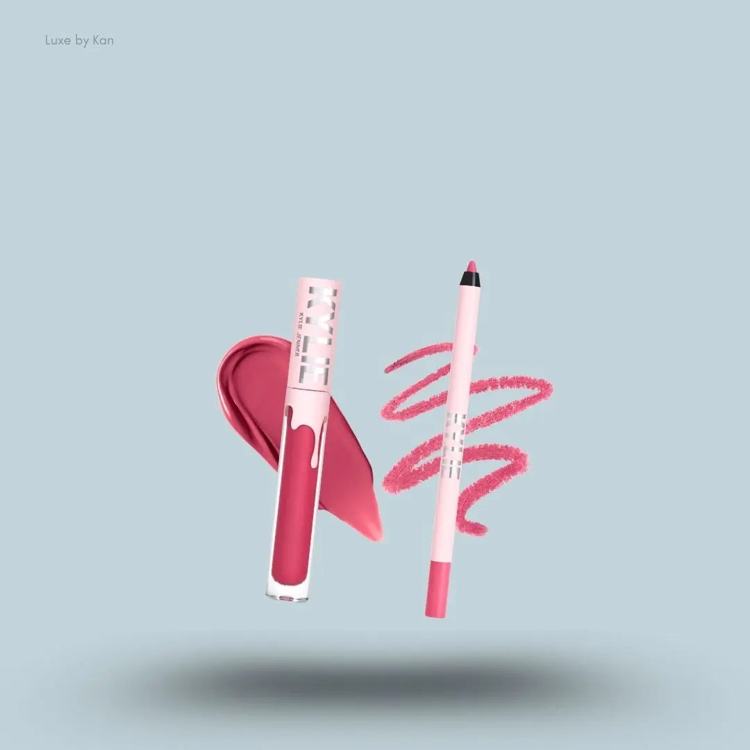 Kylie Cosmetics Matte Lip Kit bottle and swatch on blue background — Luxe by Kan India