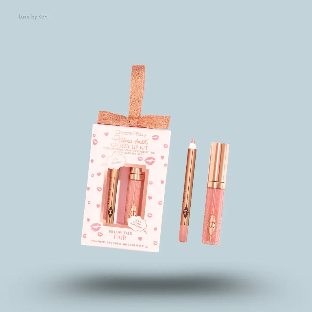 Charlotte Tilbury Pillow Talk Mini Glossy Lips Duo lip gloss and lip liner with packaging on blue background