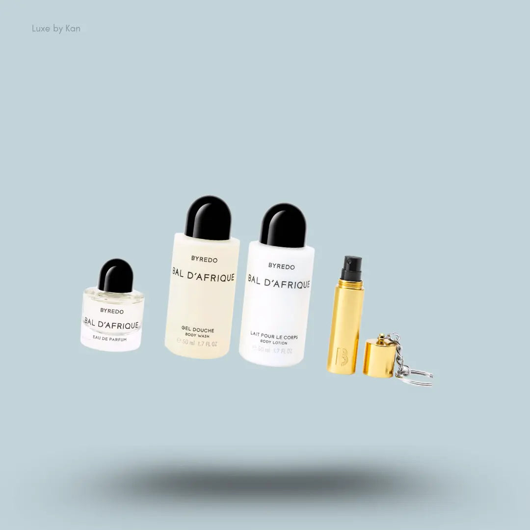 Byredo Bal d’Afrique Miniature Set four products with packaging on blue background