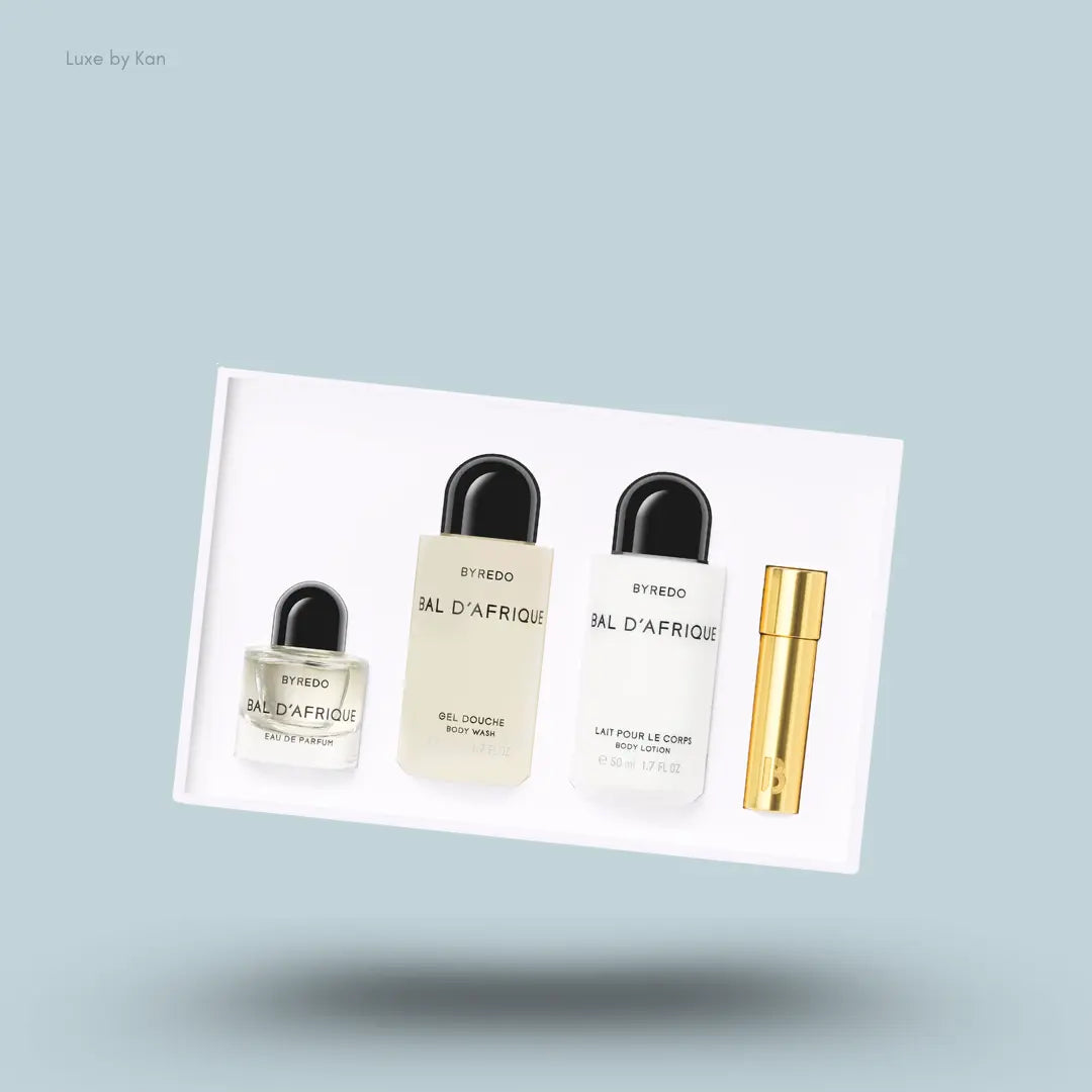 Byredo Bal d’Afrique Miniature Set four products in packaging on blue background