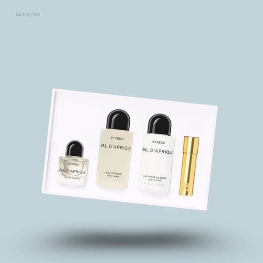 Byredo Bal d’Afrique Miniature Set four products in packaging on blue background