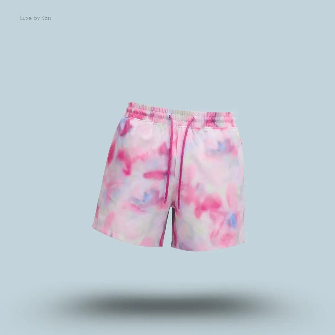 Lululemon Swim Short 5" Lined in Floral Glow Pink Multi, flat lay on light blue background