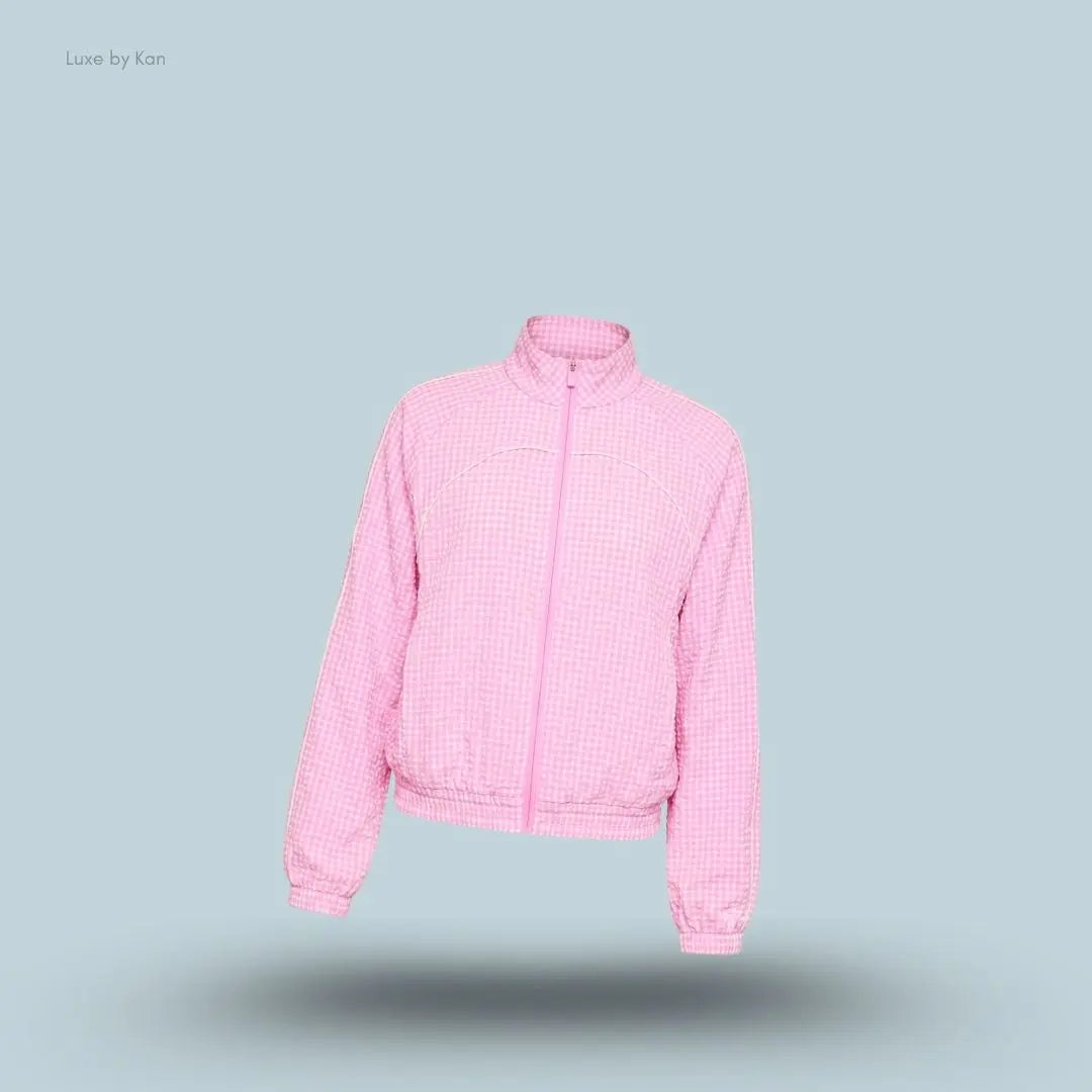 Gymshark Gingham Track Jacket Focus Pink Soft White oversized boxy fit full zip women's activewear jacket front view India
