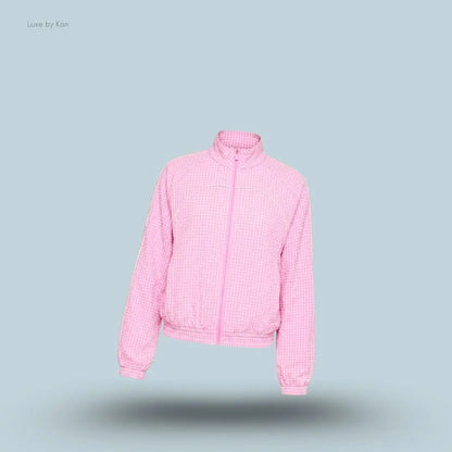 Gymshark Gingham Track Jacket Focus Pink Soft White oversized boxy fit full zip women's activewear jacket front view India
