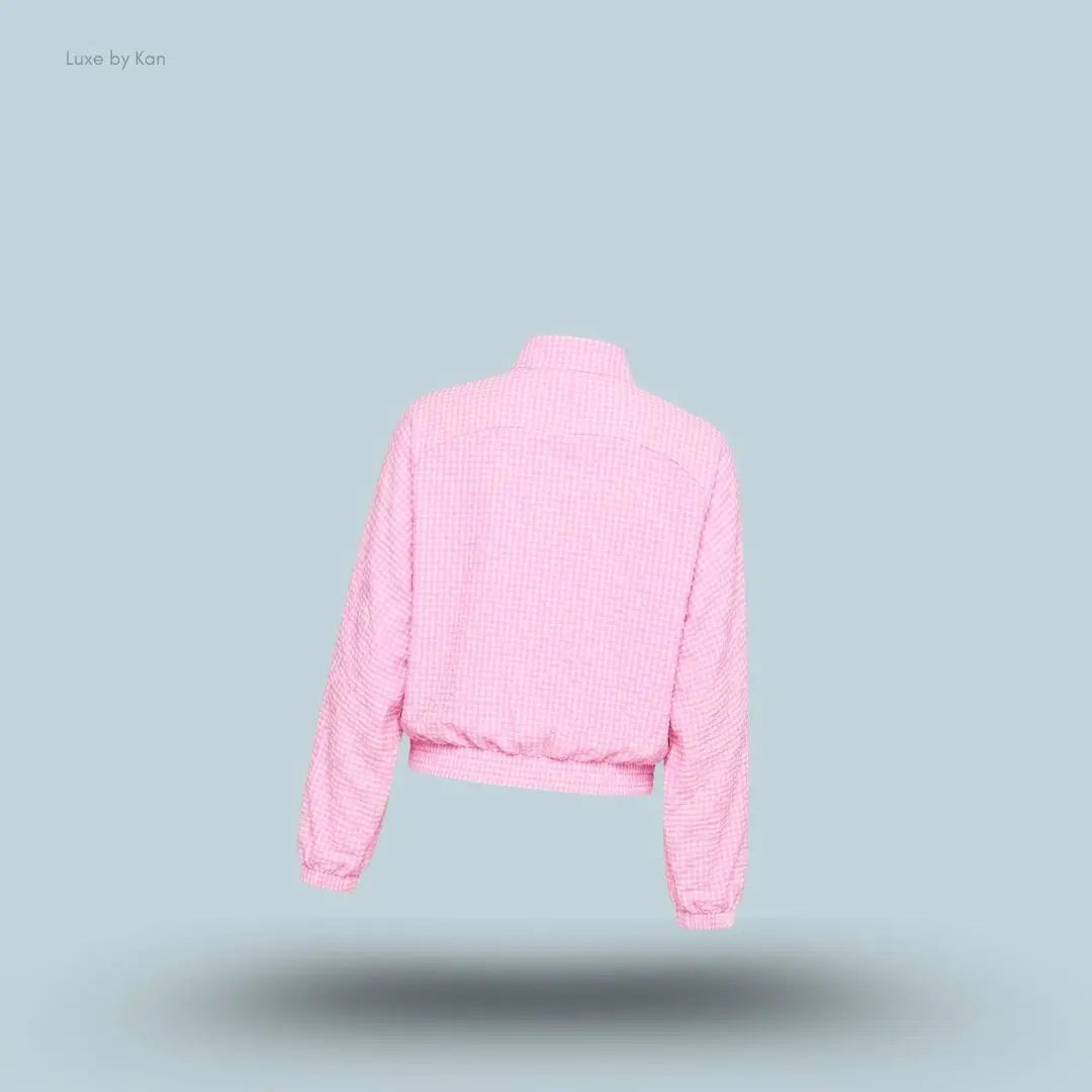 Gymshark Gingham Track Jacket Focus Pink Soft White oversized boxy fit full zip women's activewear jacket back view India