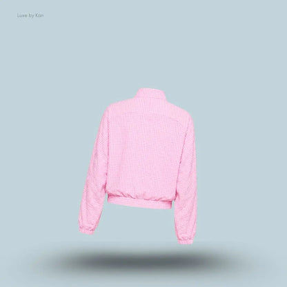 Gymshark Gingham Track Jacket Focus Pink Soft White oversized boxy fit full zip women's activewear jacket back view India