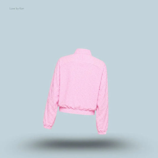 Gymshark Gingham Track Jacket Focus Pink Soft White oversized boxy fit full zip women's activewear jacket back view India