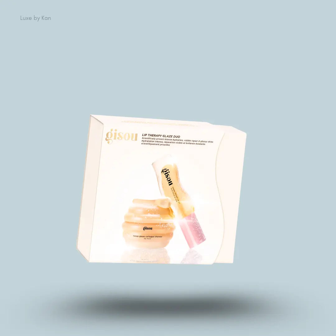 Gisou Lip Therapy Glaze Duo with Honey Gold lip oil and collagen lip mask and packaging