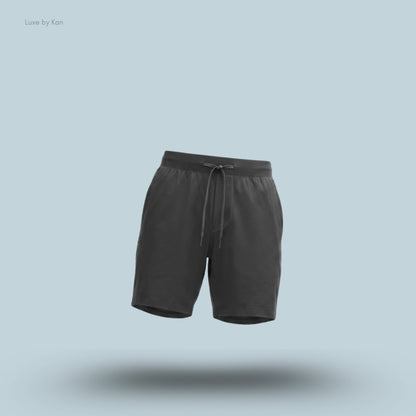 Lululemon Zeroed In Linerless Short 7 inch in Graphite Grey, flat lay on light blue background