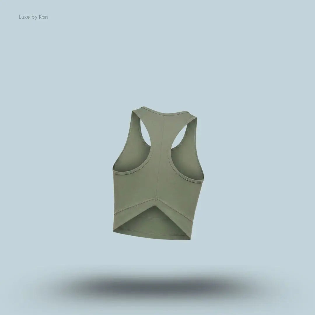 Gymshark Lifting Dipped Crop Tank Unit Green body fit dipped back hem racerback high neck women's activewear crop top back view India