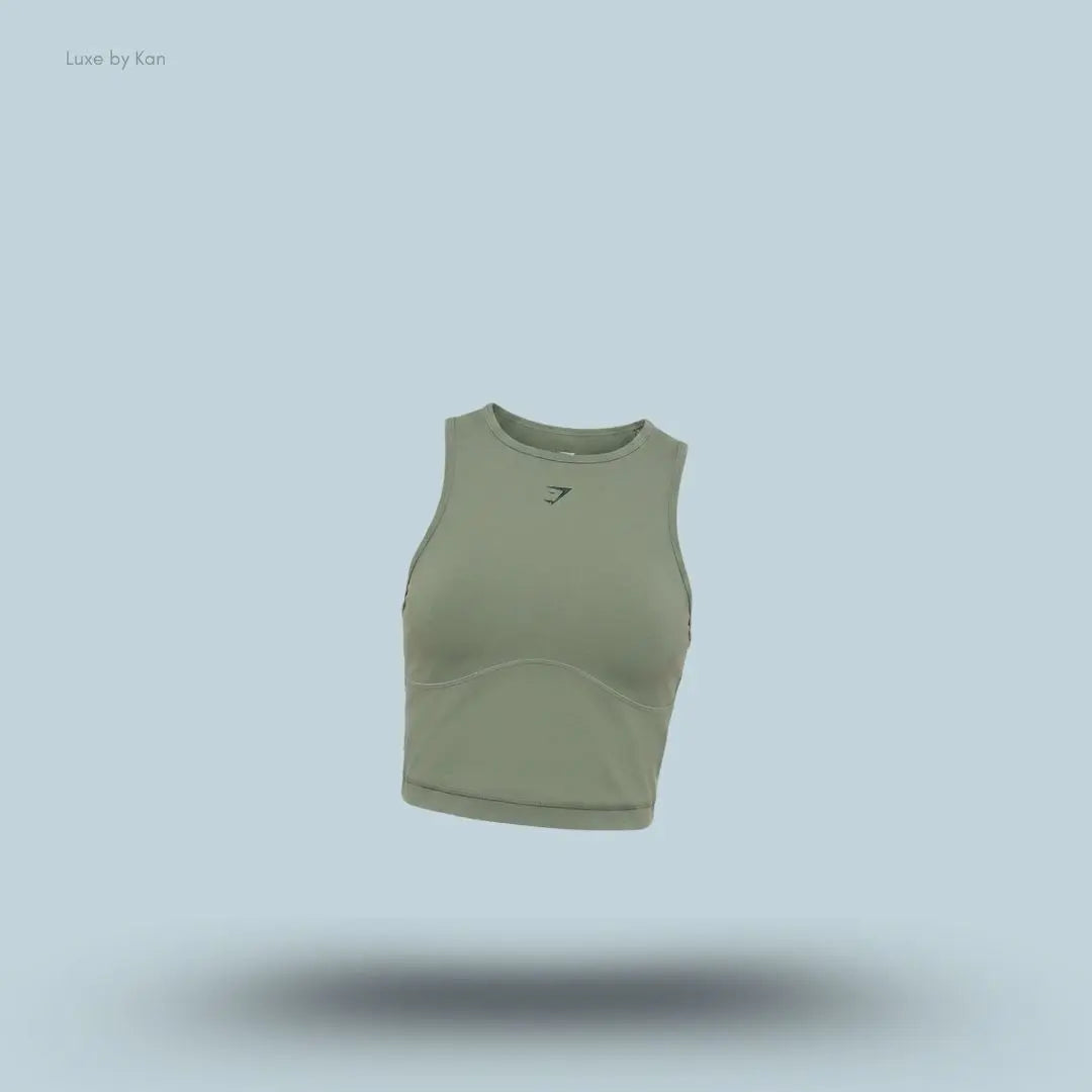Gymshark Lifting Dipped Crop Tank Unit Green body fit dipped back hem racerback high neck women's activewear crop top front view India