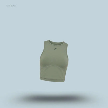 Gymshark Lifting Dipped Crop Tank Unit Green body fit dipped back hem racerback high neck women's activewear crop top front view India