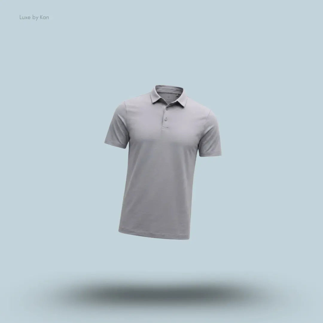 Lululemon Evolution Short-Sleeve Polo Shirt in Feather Grey, flat lay on light blue background