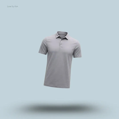 Lululemon Evolution Short-Sleeve Polo Shirt in Feather Grey, flat lay on light blue background