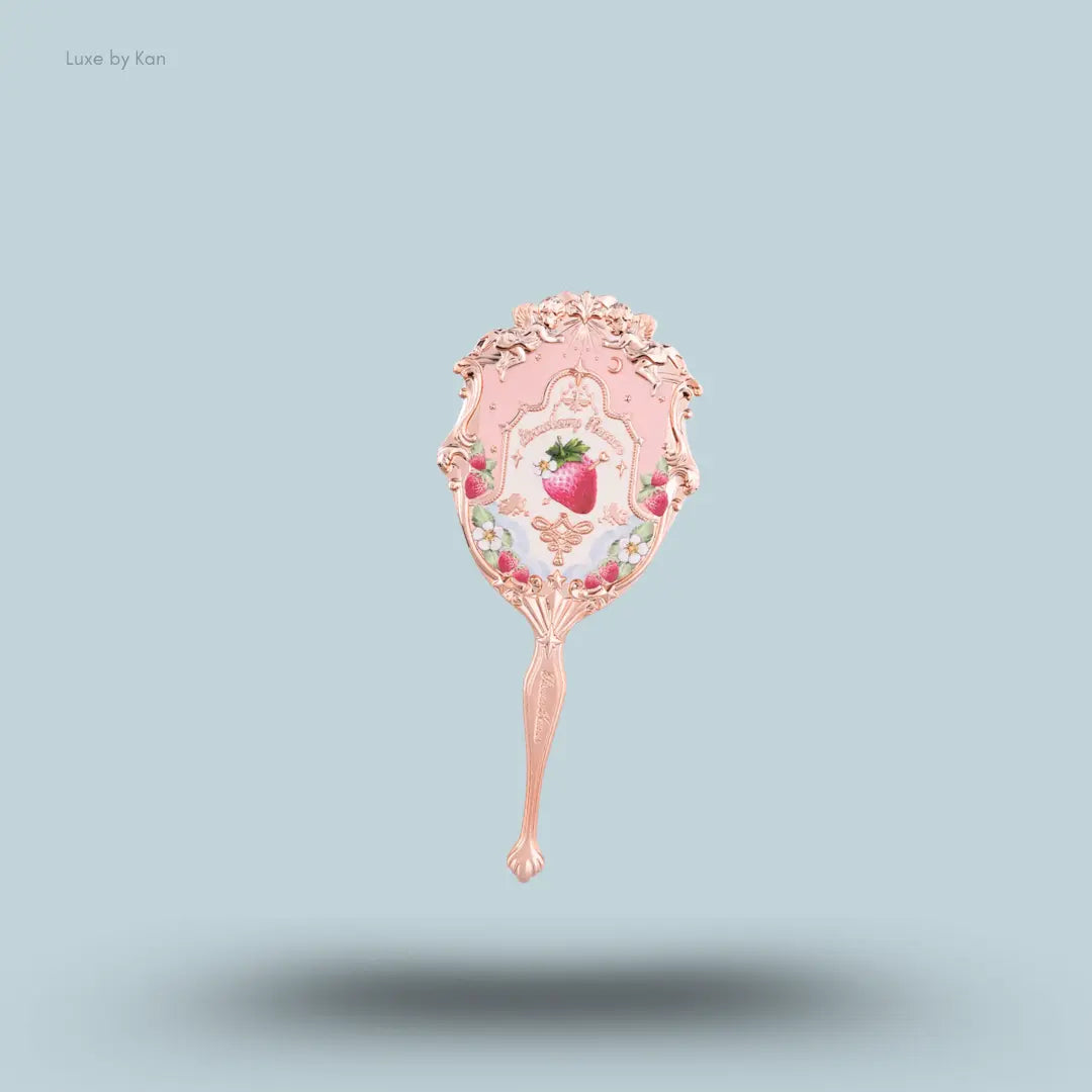 Flower Knows Strawberry Rococo Hand Mirror in Soft Pink, 3D embossed handheld mirror with long handle