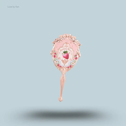 Flower Knows Strawberry Rococo Hand Mirror in Soft Pink, 3D embossed handheld mirror with long handle