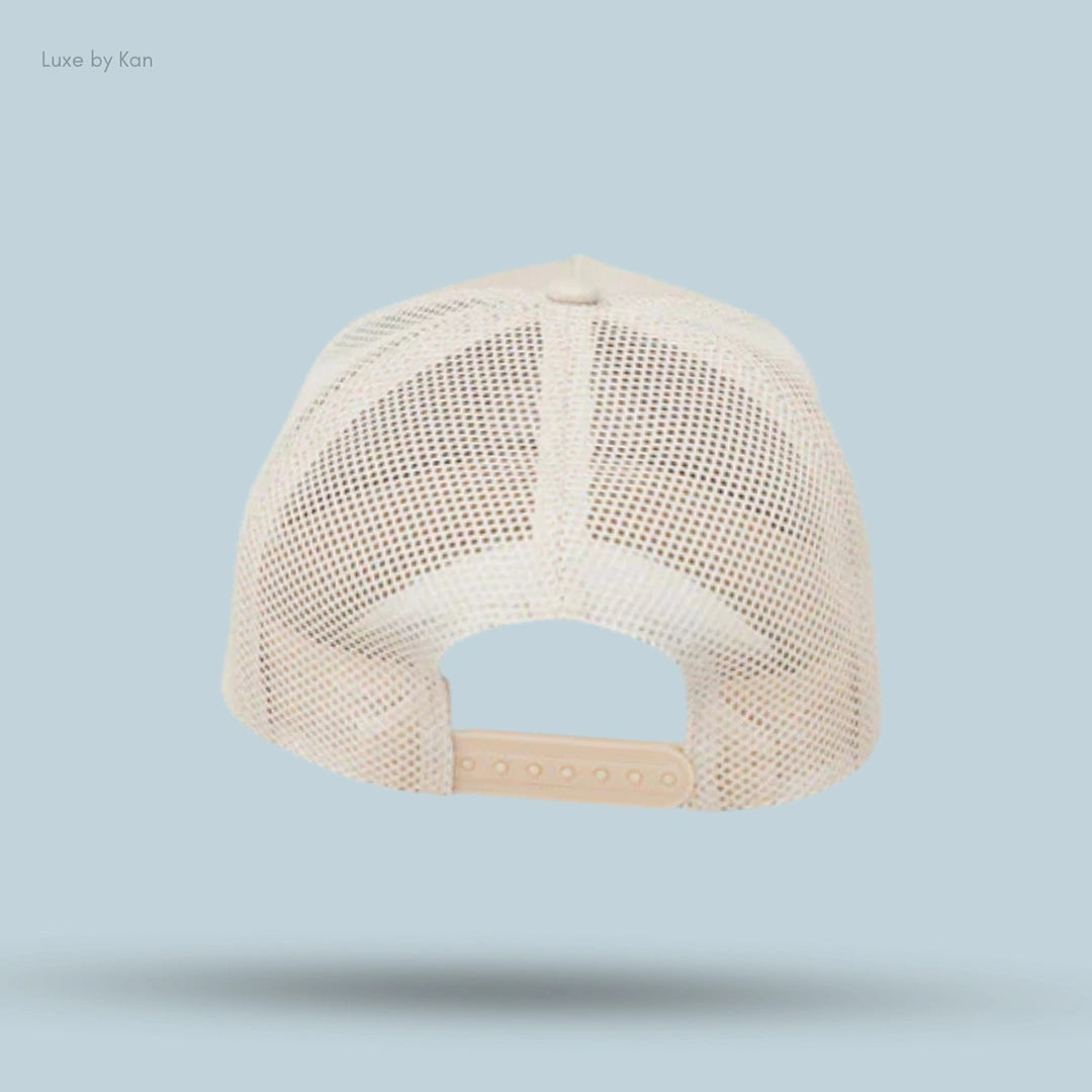 Alo District Trucker Hat back view showing mesh panel and snap closure