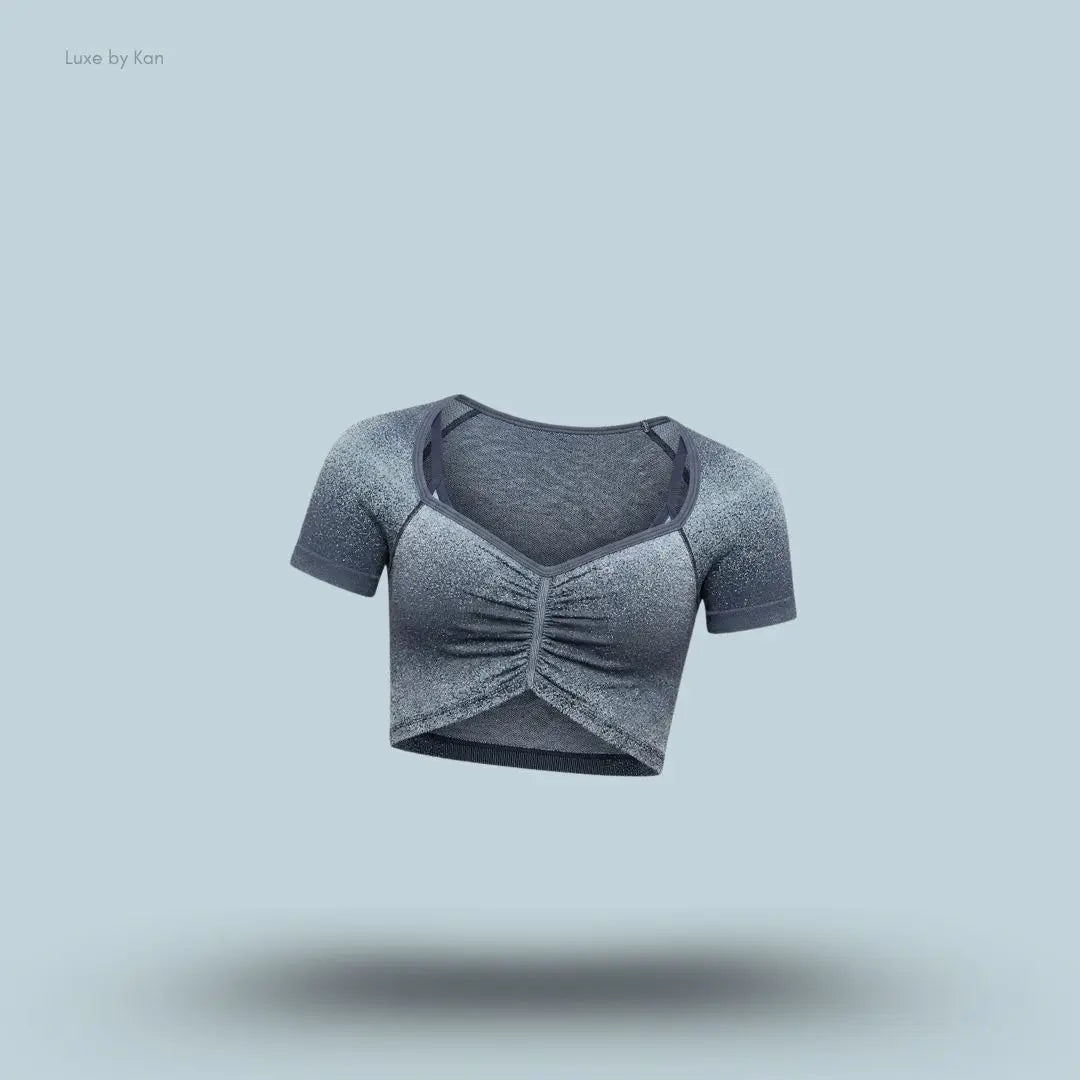 Gymshark Blush Seamless Short Sleeve Top Heavy Blue Chilled Blue body fit square neck ruched bust seamless ombre women's activewear top front view India