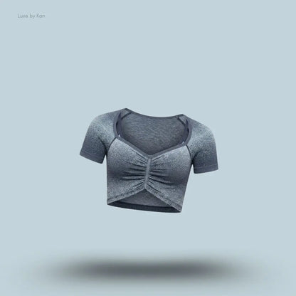 Gymshark Blush Seamless Short Sleeve Top Heavy Blue Chilled Blue body fit square neck ruched bust seamless ombre women's activewear top front view India