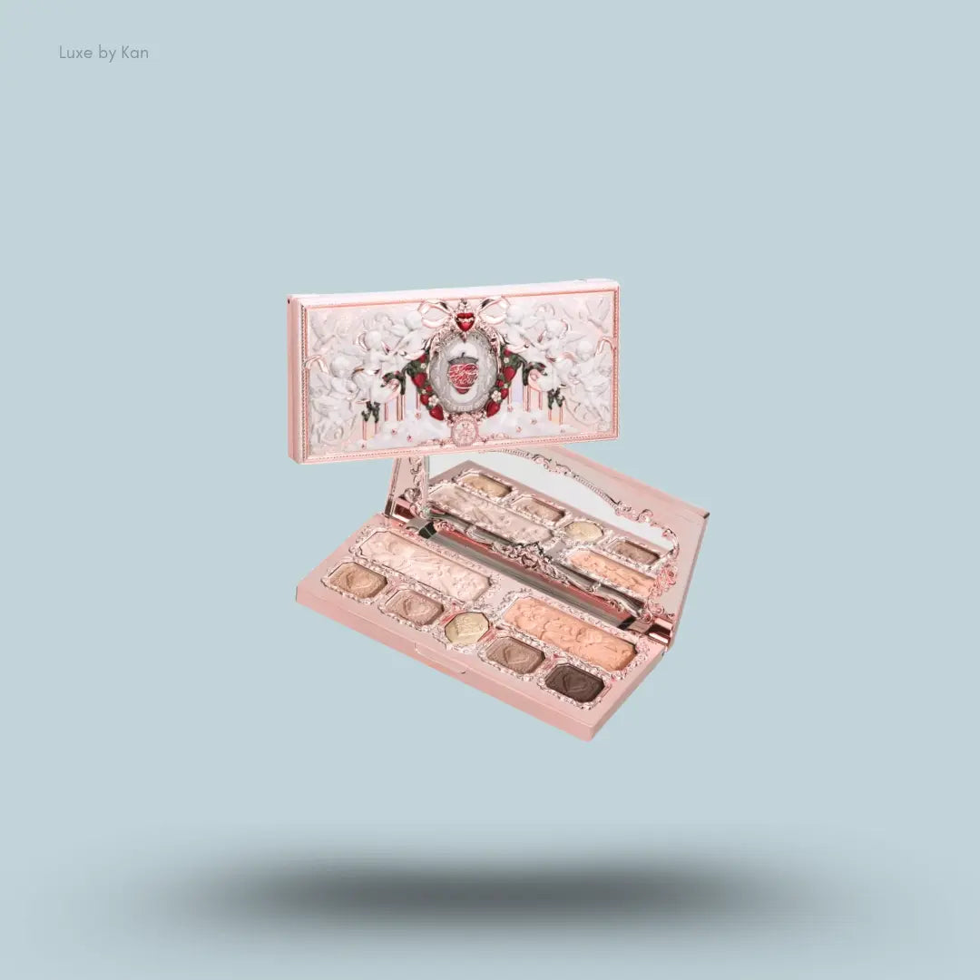 Flower Knows Strawberry Cupid Makeup Palette in 01 Honey Canelé, warm face palette in ornate case