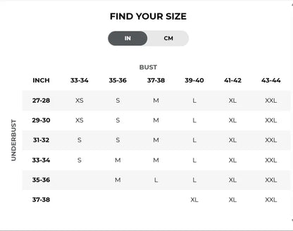 Gymshark Minimal Sports Bra 2.0 size guide chart with measurements