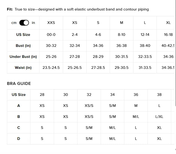Alo Airbrush Heart Throb Bra size guide chart with measurements