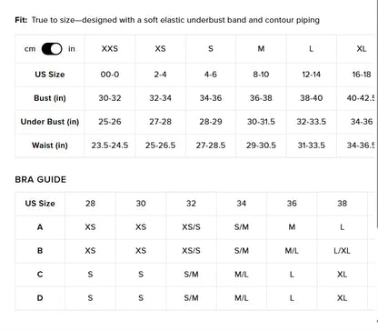 Alo Airbrush Heart Throb Bra size guide chart with measurements