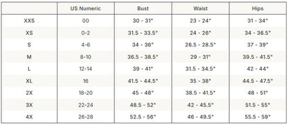 SKIMS Sleep Cami size guide chart with measurements