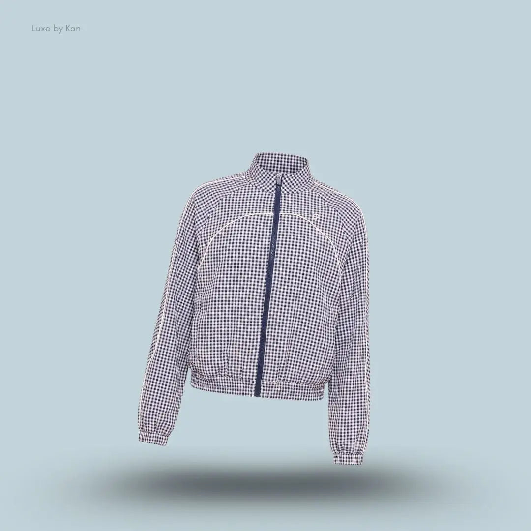 Gymshark Gingham Track Jacket Indigo Purple Soft White oversized boxy fit full zip women's activewear jacket front view India