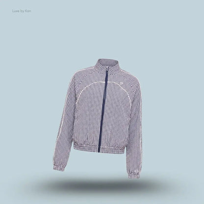 Gymshark Gingham Track Jacket Indigo Purple Soft White oversized boxy fit full zip women's activewear jacket front view India
