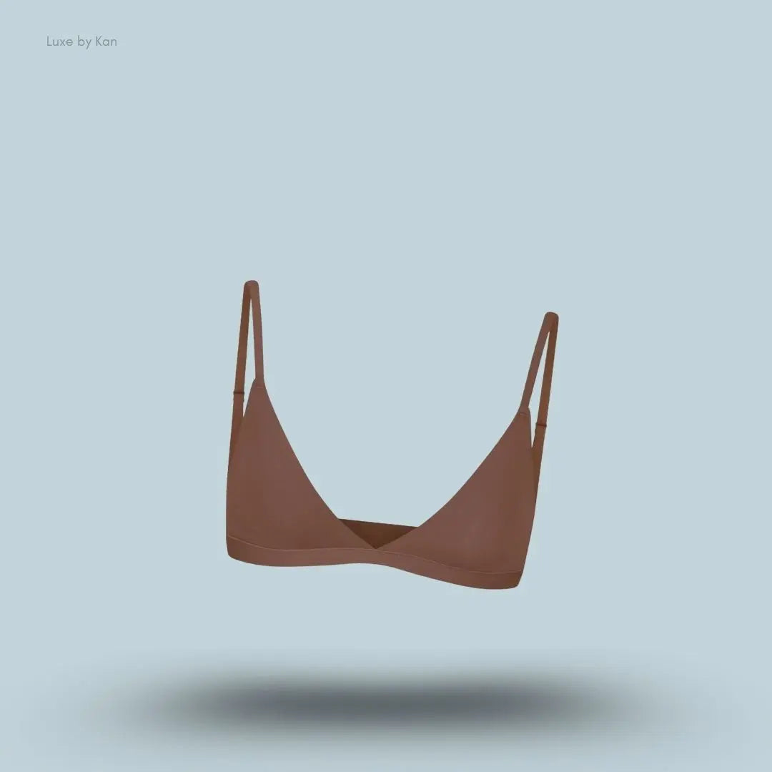 Skims Fits Everybody Triangle Bralette in brown, front view on a light blue background with a floating product display.