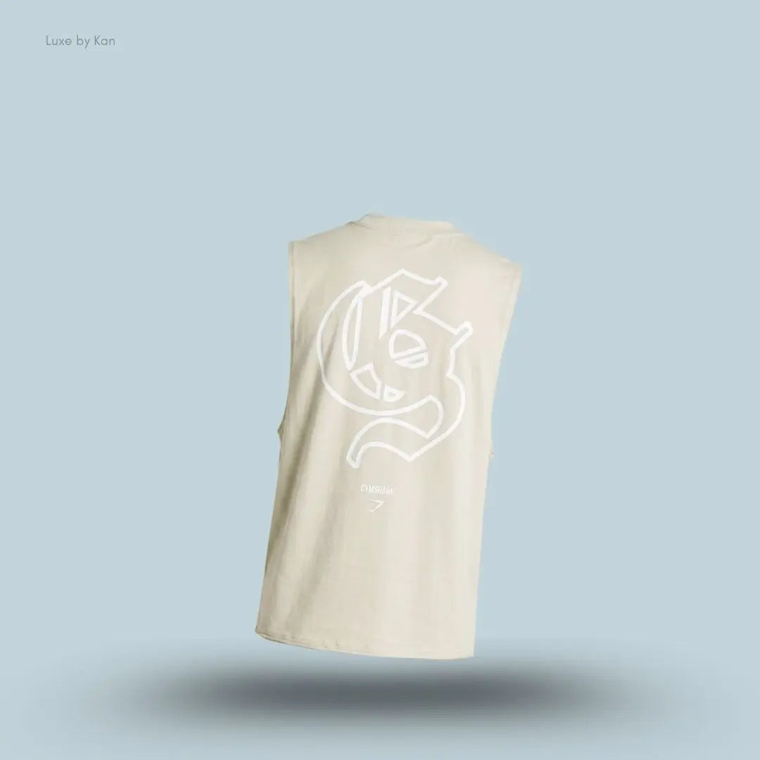 Gymshark Performance Tank sleeveless men's training tank top in light beige on a blue background back view